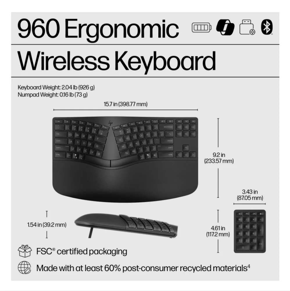 HP SEALED! NIB! 960 Ergonomic Wireless Keyboard in Black. R2S!!